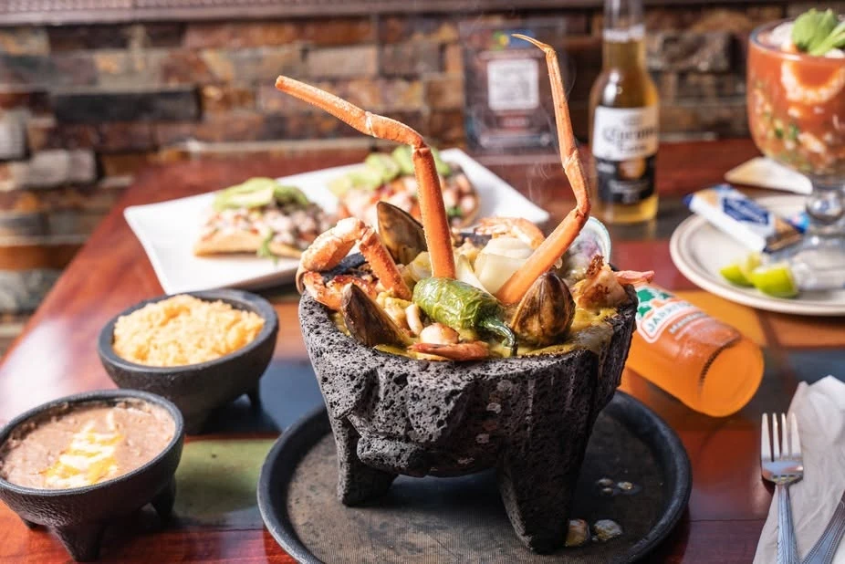 Molcajete with seafood and vegetables