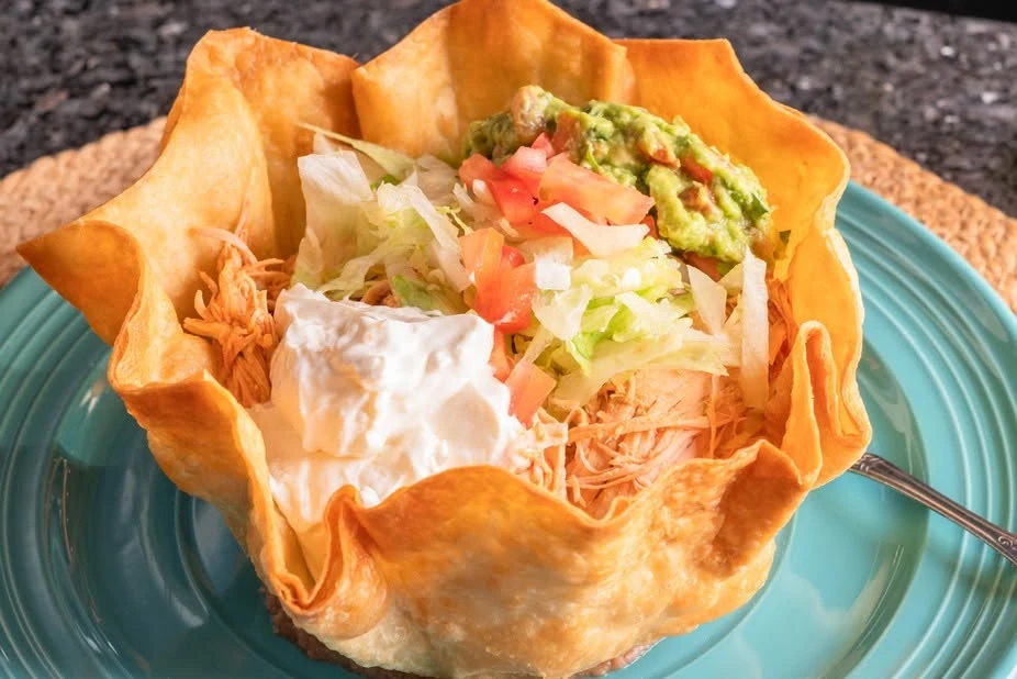 Taco salad in a crisp tortilla bowl